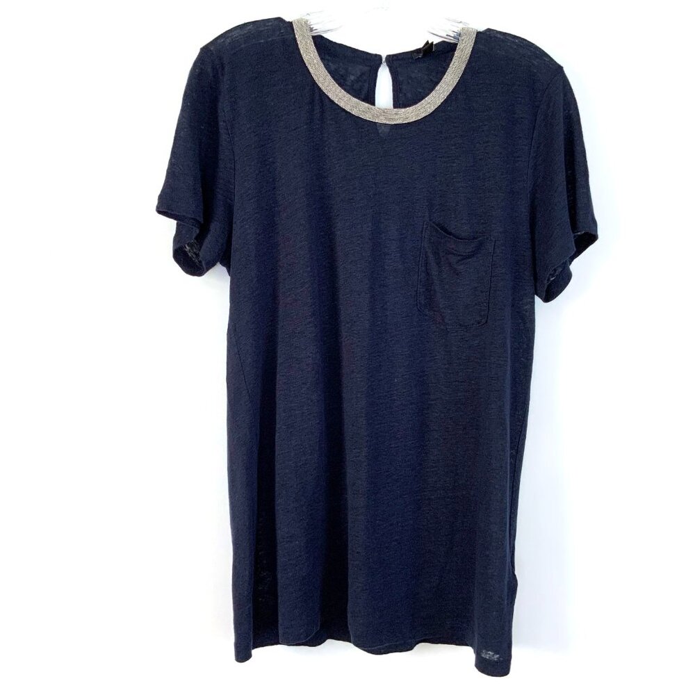 New J. Crew Navy Linen Embellished Collar Short Sleeve Tee Sz M - Picture 2 of 16
